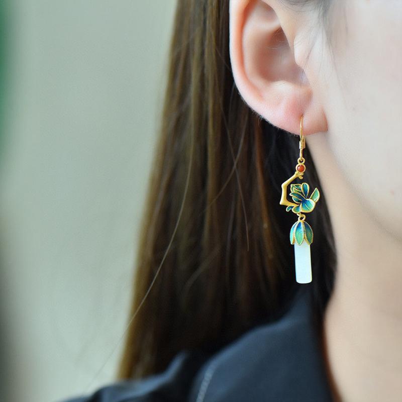 Natural Hotan Jade Enamel Flower Earrings for Women Exquisite Chinese Style Classical Cheongsam Hanfu Jewelry Accessories