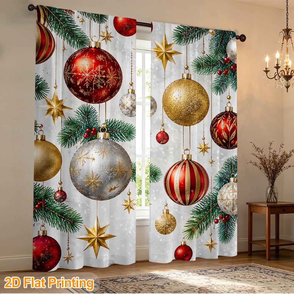 2pcs Rod Pocket Curtain with Red Golden Silver Christmas Ornaments Print, Stylish Window Drapes for Home Decor Living Room Bedroom