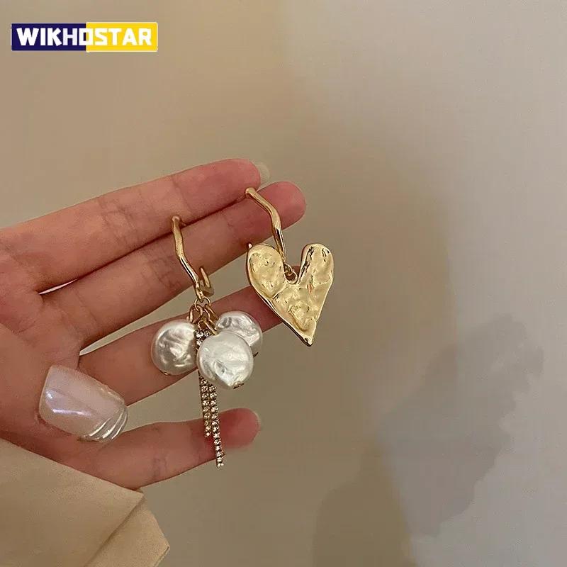 Trending Baroque Heart Tassel Drop Earrings New Design Fashion Asymmetric Imitation Pearl DangleEarring for Woman Party Jewelry