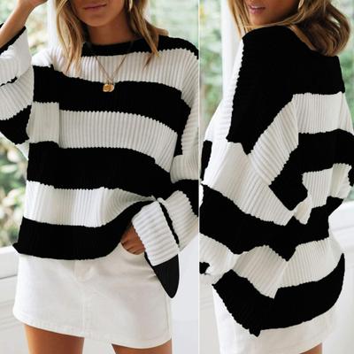 Women Pullover Sweater Wide Striped Color Block Crew Neck Long Sleeve Ribbed Cuffs Oversized