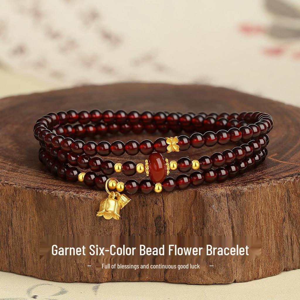 High-End Chinesischer Stil S925 Sterlingsilber Granat Maiglöckchen Blume Perlen Damenarmband