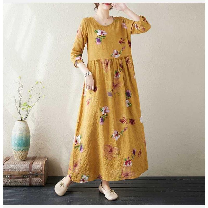 New Color Round Neck Retro Long Skirt Cotton Linen Dress