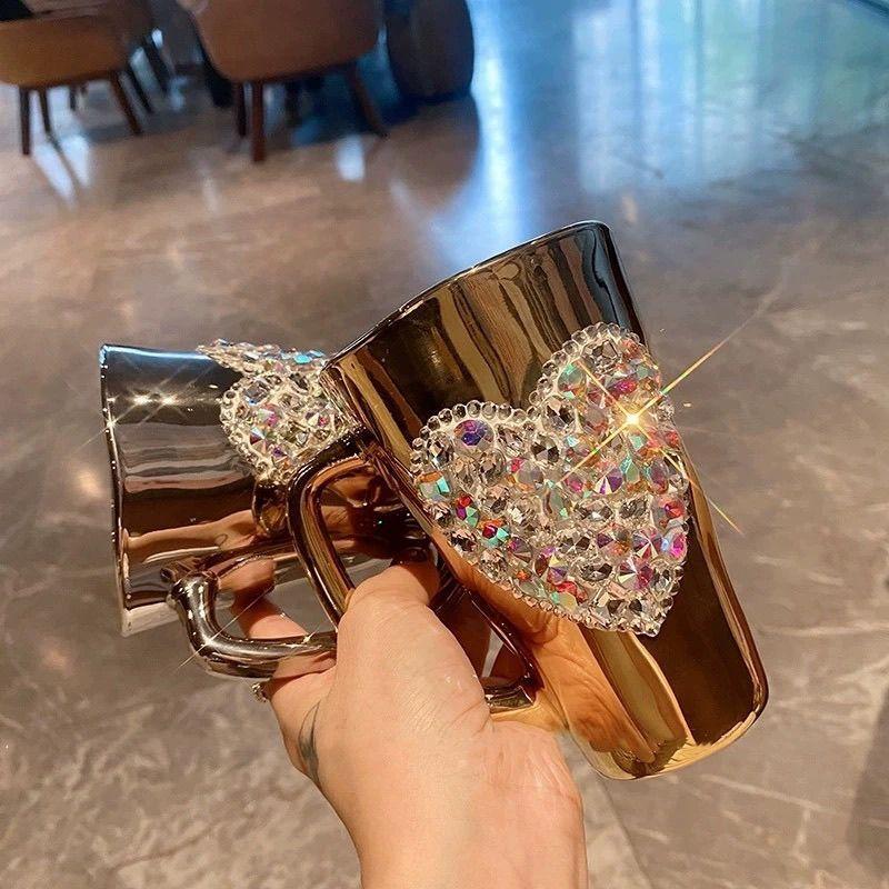 Sparkling Heart Diamond-encrusted Glass Coffee Mug Cup Light Luxury Tempered Glass Milk Tea Beverage Cup With Handle Water Mugs