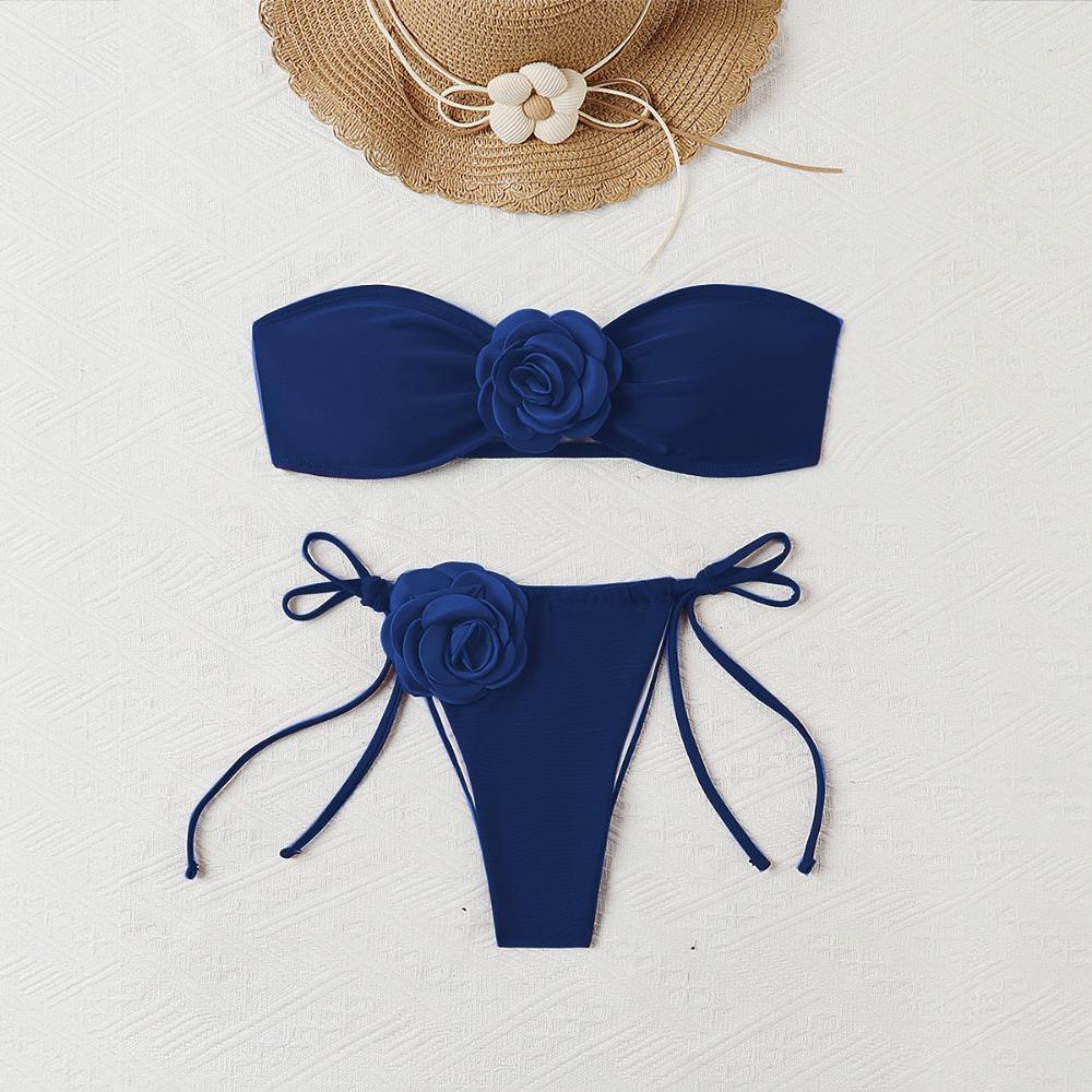 European and American Solid Color Rose Tube Top Bikini Drawstring Strap Split Swimsuit