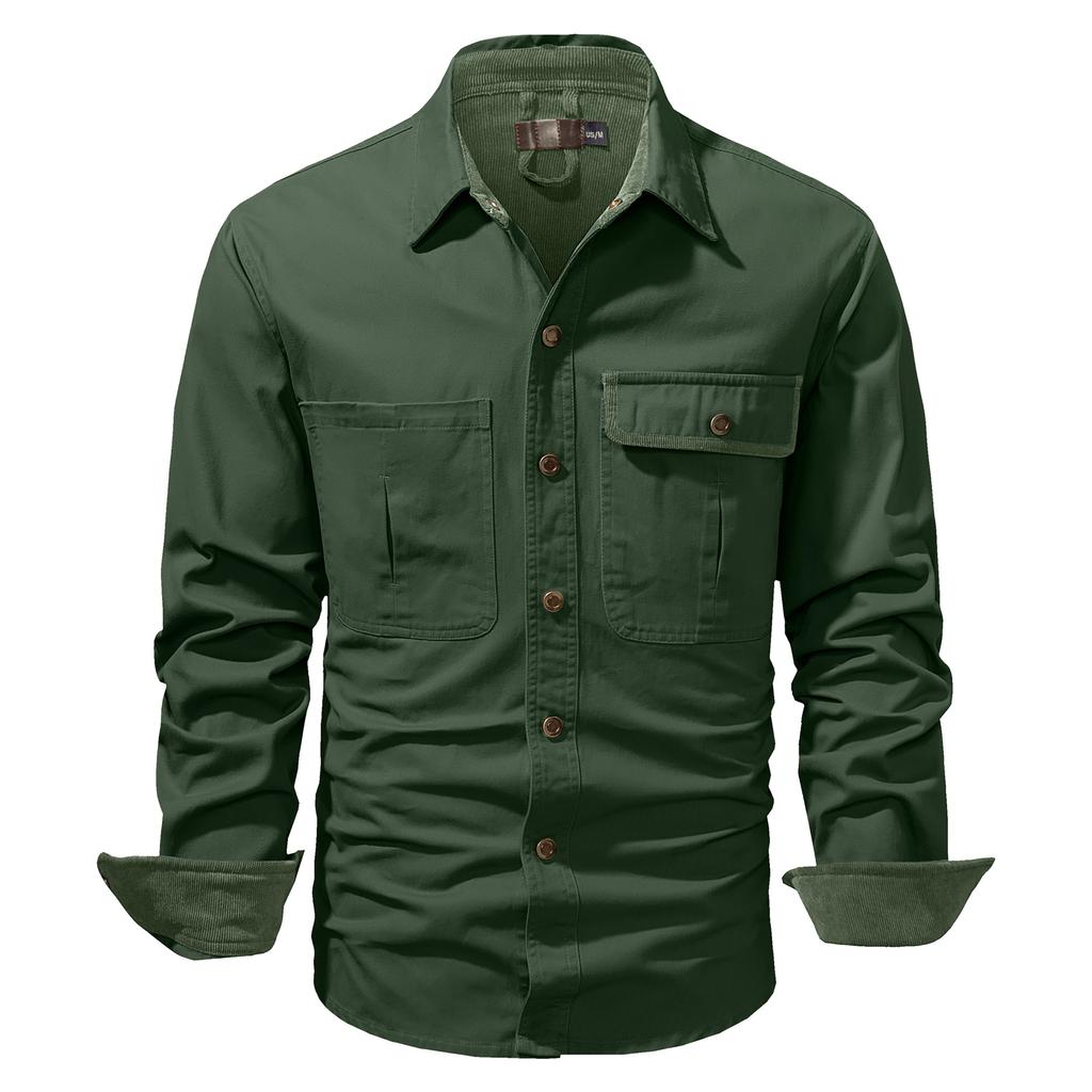 Men's Washed Cotton Casual Shirt Solid Color Lapel Long Sleeve Cargo Shirt for Men