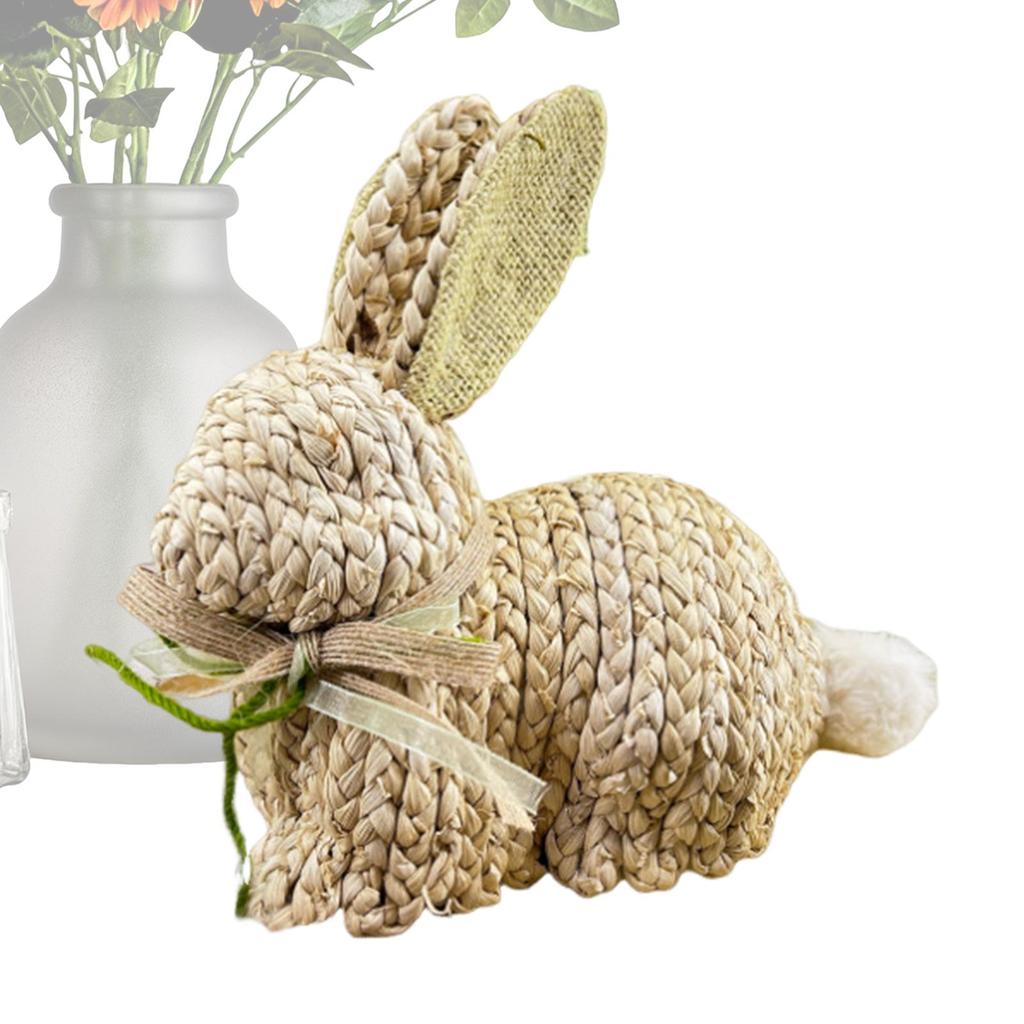 Spring Easter Handmade rabbit ornaments Rustic Cute Woven Spring Decor Rabbit Statue decorated with bows and fluffy tails
