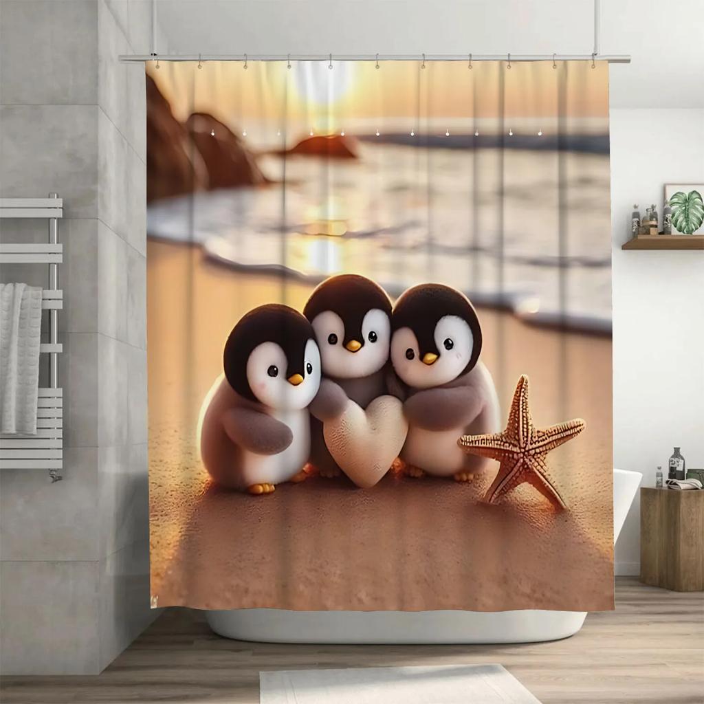 Cute Penguins with Heart and Starfish Waterproof Shower Curtain for Bathroom Decor  Extra Hooks Included Anti-Mildew Ocean Theme