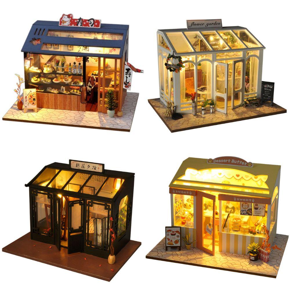 Multicolor Handmade Assembly Shop Models Japanese Sushi Wood Diy Dollhouse With Lights Cake Flower Shop Miniature House Gift