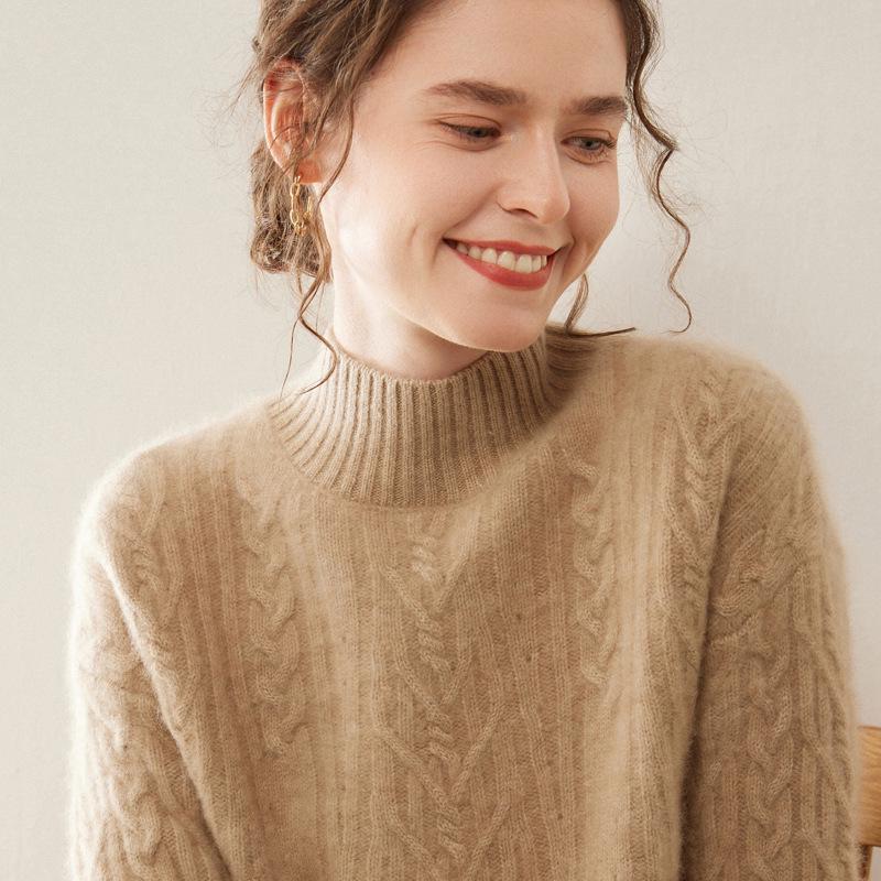 Women's Heavyweight Cable Knit Cashmere Sweater - Half-High Collar, Long Sleeve, Loose Fit
