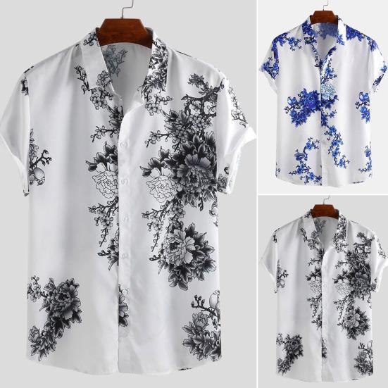 Men Shirt Ink Painting Single-breasted Summer Hawaiian Turndown Collar Top for Party