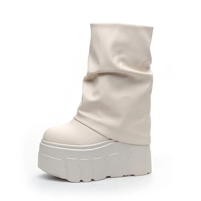 Fashion 14CM Microfiber Leather Autumn Boots Flats Plush Ankle Booties Women Platform Wedge Thick Sole Motorcycle Winter Shoes