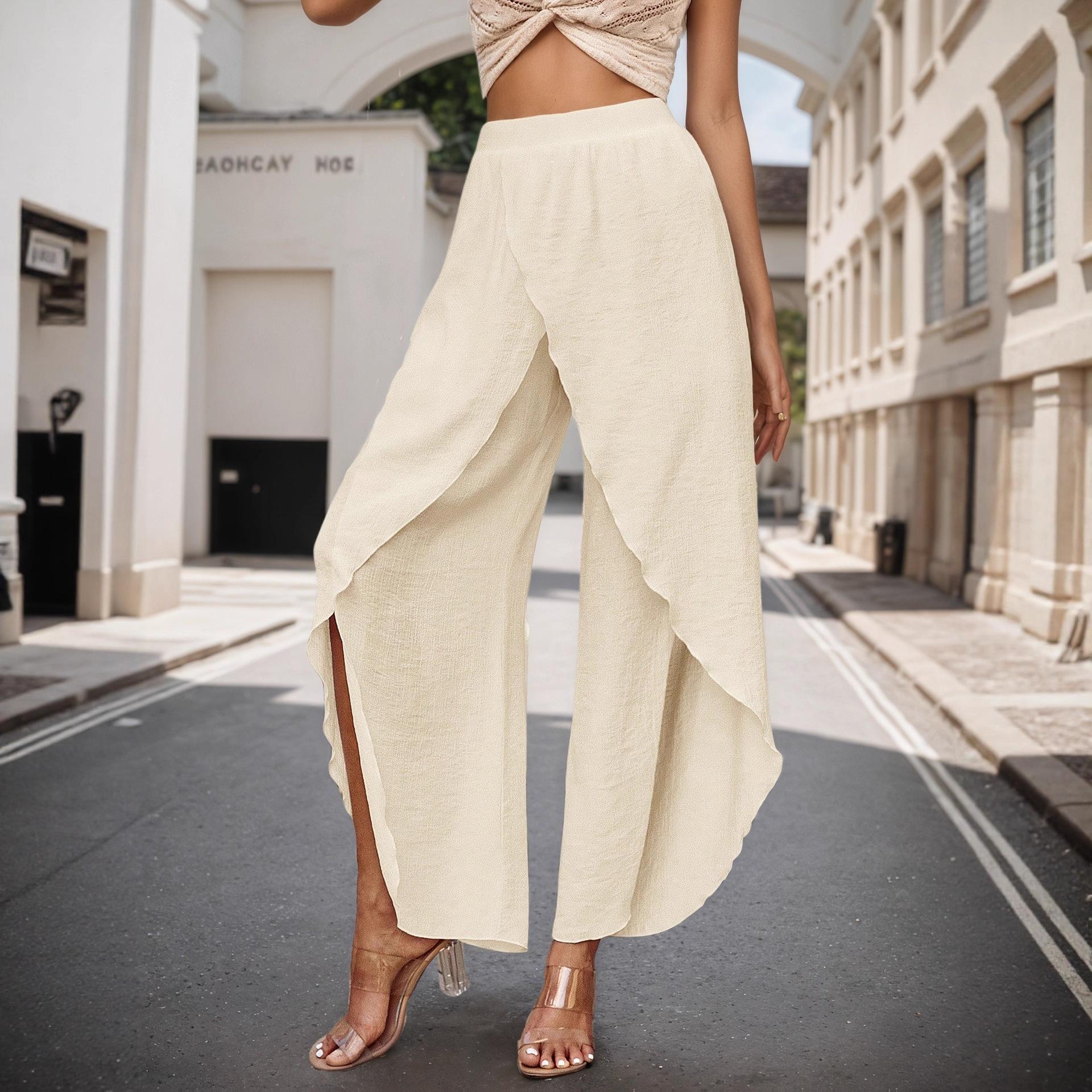 European and American vacation beach pants Dunhuang elegant splicing loose irregular wide-leg casual pants european and american code s хаки