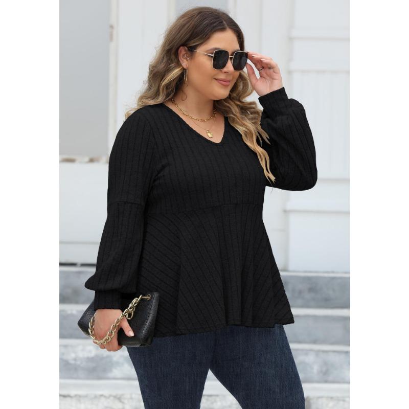 Женский свитер большого размера с рукавами-фонариками и V-образным вырезом на осень