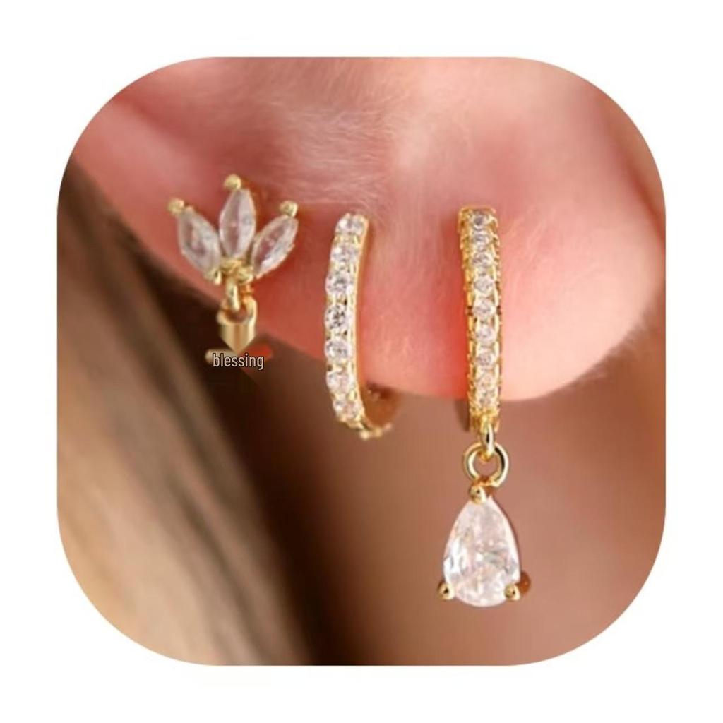 European & American Gold-Plated Brass Zircon Water Drop Pendant Earring Set for Women