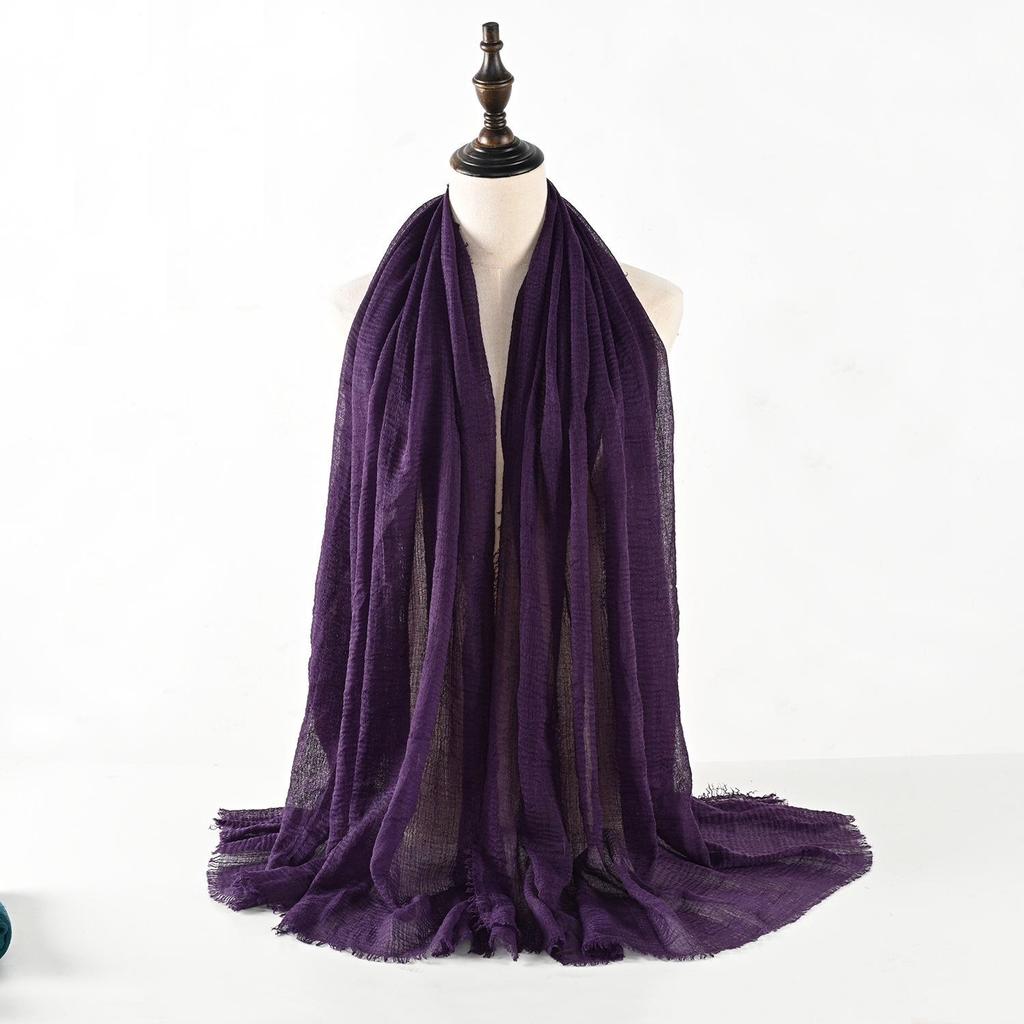 Crinkled Cotton-Linen Blend Scarf with Fringe - Solid Color, 90x180cm, Women's Headscarf