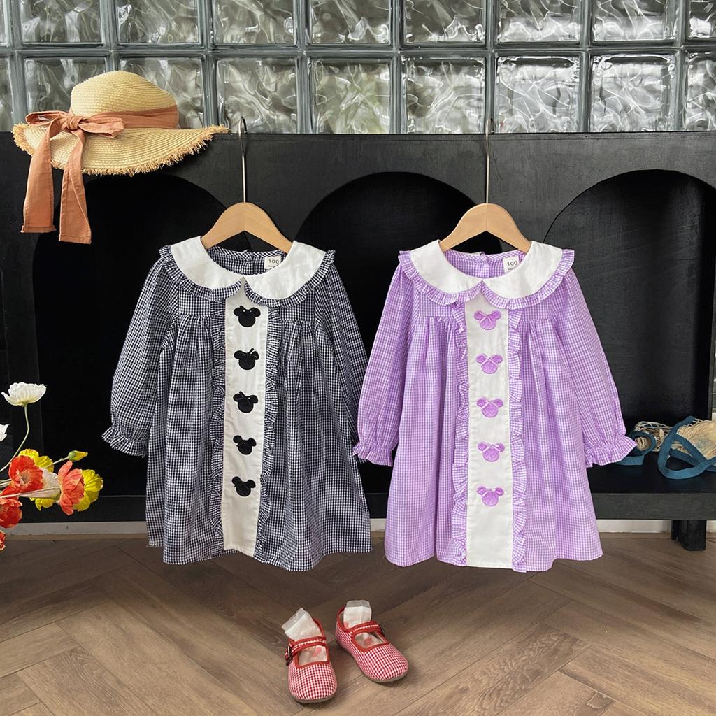 Spring Girls Plaid Dress With Cartoon Embroidery Peter Pan Collar And Bow Long Sleeve Princess Dress For Kids