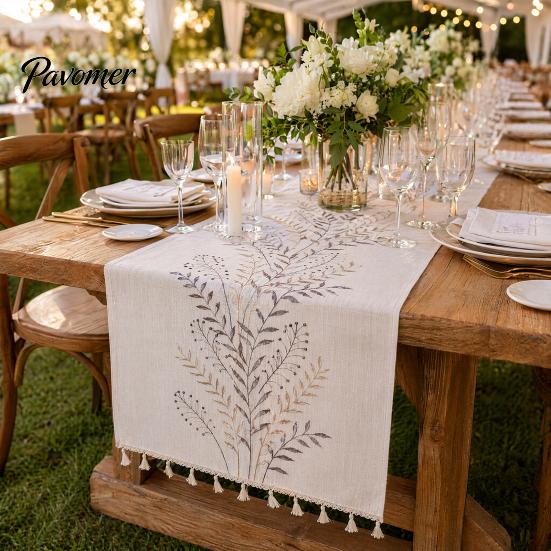 Table Runner Protects from Hot Pans Floral Embroidered Runner, Elegant Dining Cover, White Rustic with Tassels for Home Wedding Bridal Shower