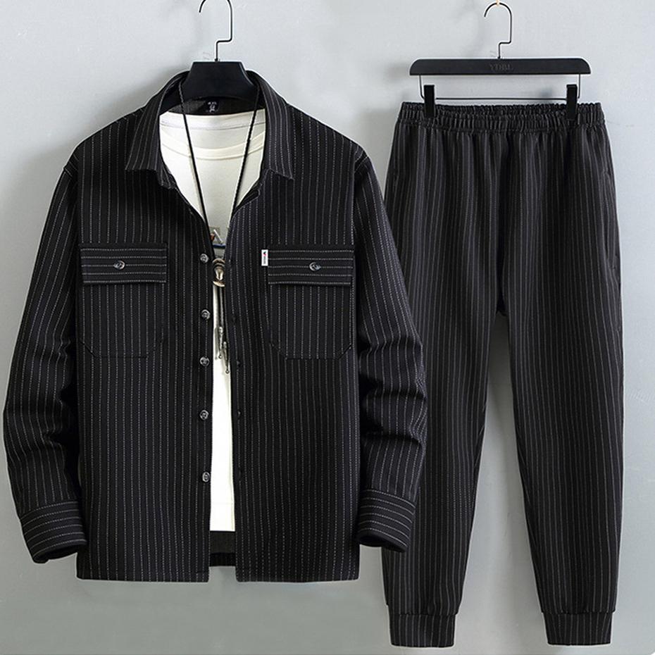 Men's Stripe Sets Plus Size 10XL 11XL Cargo Shirts Pants Male Spring Autumn Suits Fashion Casual Jacket Sets Big Size