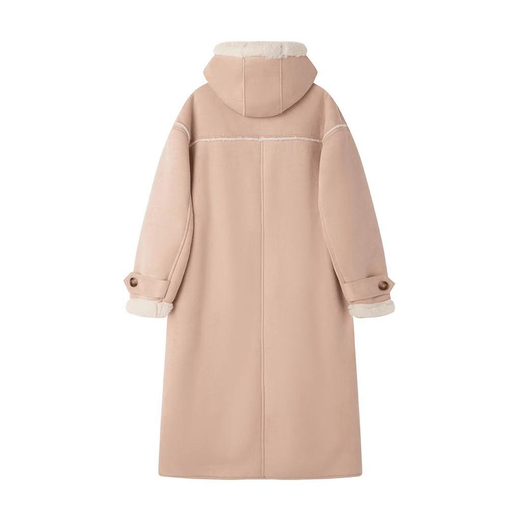 Thick Over-the-knee Hooded Horn Buckle Thickened Fur One-piece Coat Women's Imitation Lamb Wool Coat Winter Hooded Cotton Coat