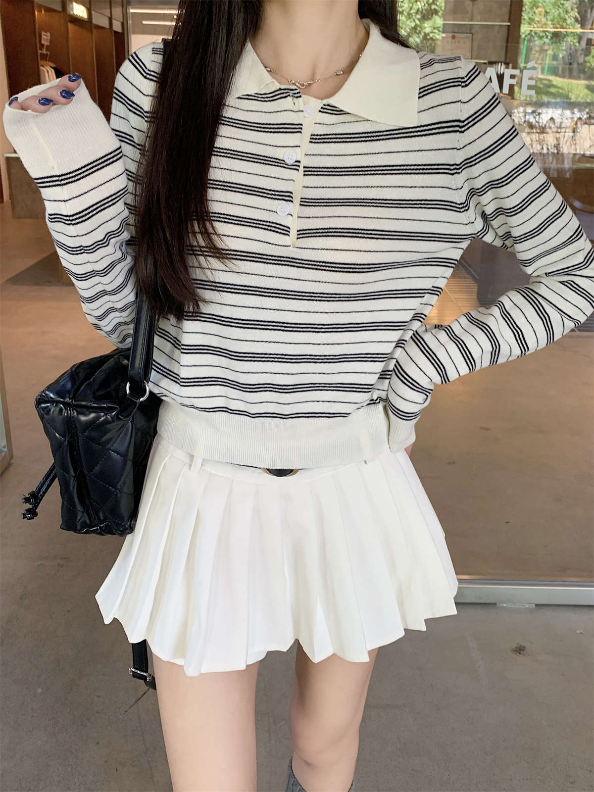 

Женский короткий топ с поло-воротником на пуговицах, контрастный полосатый, осенне-зимний, универсальный вязаный свитер с подкладкой L