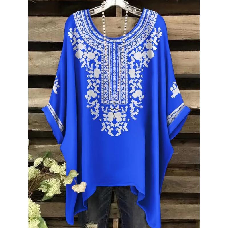 Bohemian Chic Oversized T-Shirts Simple Vintage Ethnic Print Irregular Hem O-Neck Women Top Fashion Versatile Women s Clothing 1XL
