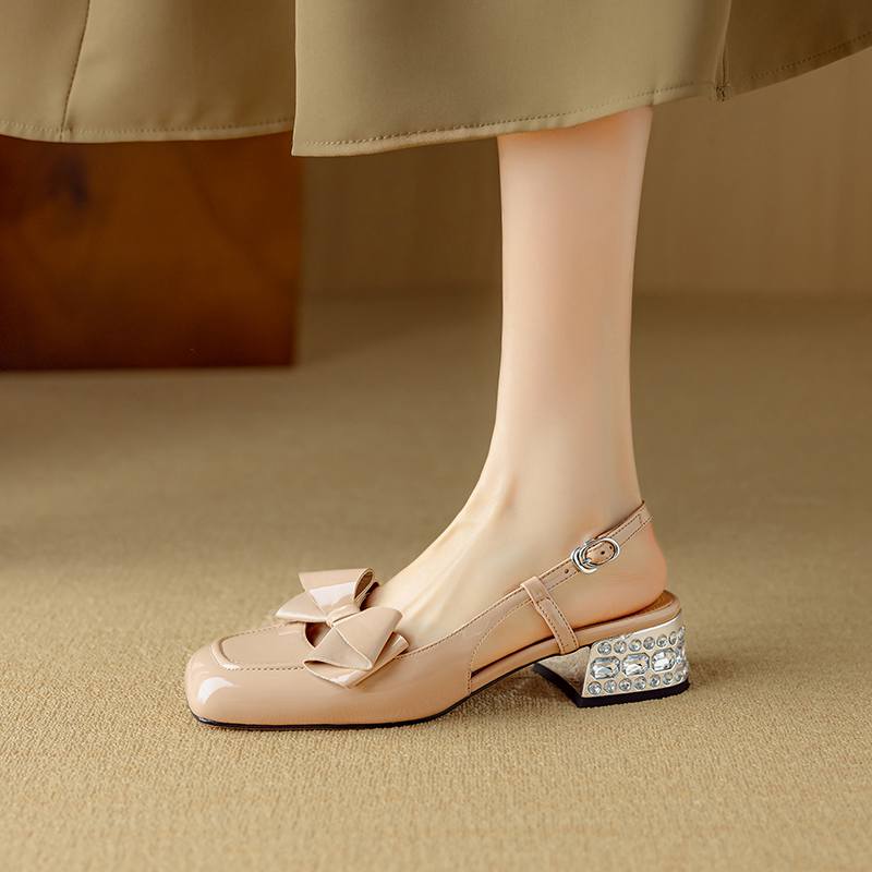 Krazing Pot Sheepskin Cow Skin Summer Size 40 Med Heels Butterfly-knot Decoration Square Toe Slingback Wedding Pumps