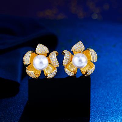 Needle Light Luxury Temperament Full Of Diamonds Flower Pearl Earrings High Sense Inlaid Zircon Earrings Earrings