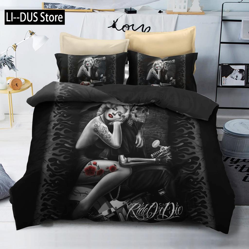 Human Skeleton Skull 3D Printed Bedding Set Motorcyc and Beauty Duvet Cover Sets Beds Quilt Covers Single Double Queen King Size