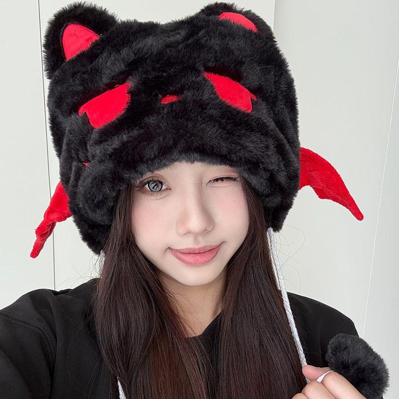 Internet celebrity winter Korean version cat ear hat pom-pom small hat cartoon cute embroidery plush little devil cat Lei Feng hat