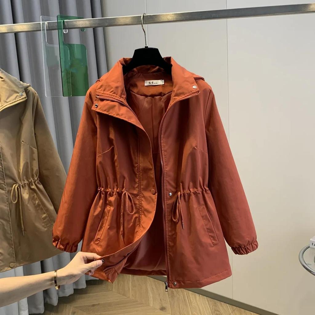 Damen Herbst Langarm Lässig Kapuzenjacke mit Reißverschluss Windbreaker Damen Trenchcoat Oberbekleidung Damen Übergröße Top