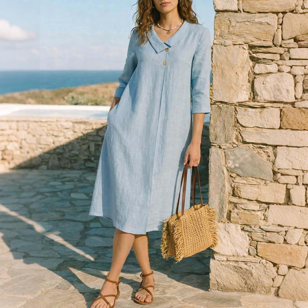 Women Style Lapel Collar Midi Dress Linen Three Quarter Sleeve A Line Vacation Dress with Pockets