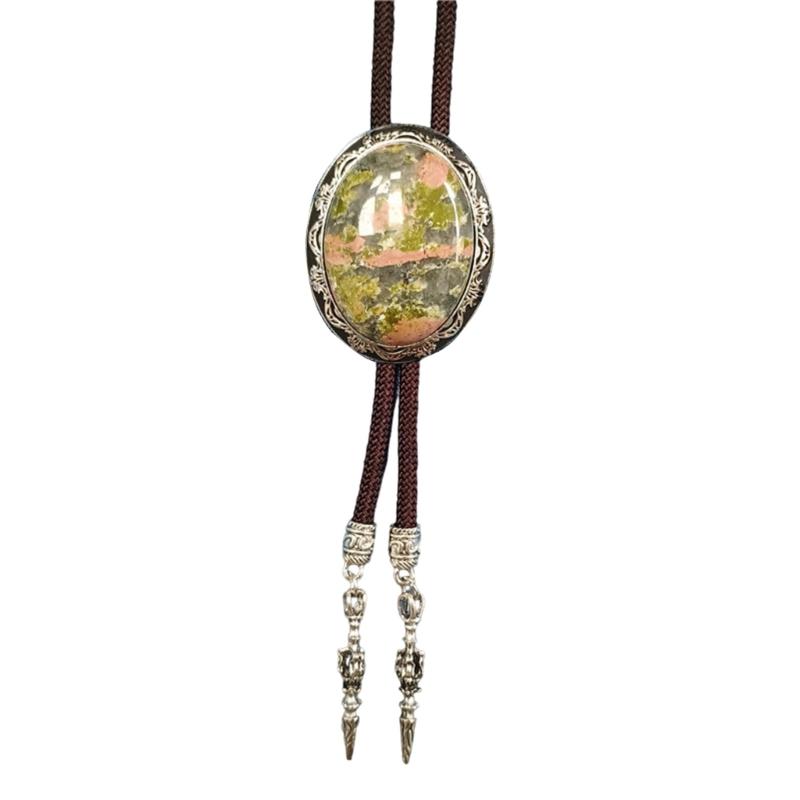 Adjustable Braided Cord Rodeos Bolo Tie Necktie Feature Oval Shape Stone Pendant Western Jewelry Necklace for Men Women