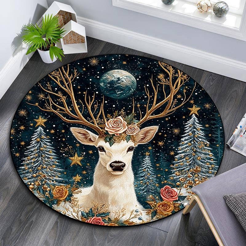 Winter Deer Round Area Rug,Carpet Rug for Living Room Bedroom Sofa Playroom Decor,Non-slip Floor Mat