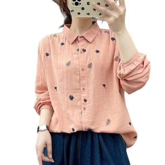

Women Shirt Lapel Long Sleeve Single Breasted Shirt Tops Loose Fit Leaf Pattern Casual Shirt Work Party Vacation Daily Wear M рожевий
