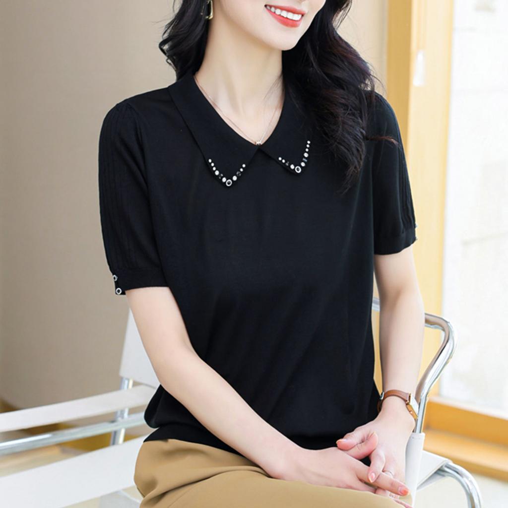 Women's Ice Silk Knitted T-shirt with Collar Mom's Clothing Summer Loose Stylish Short Top