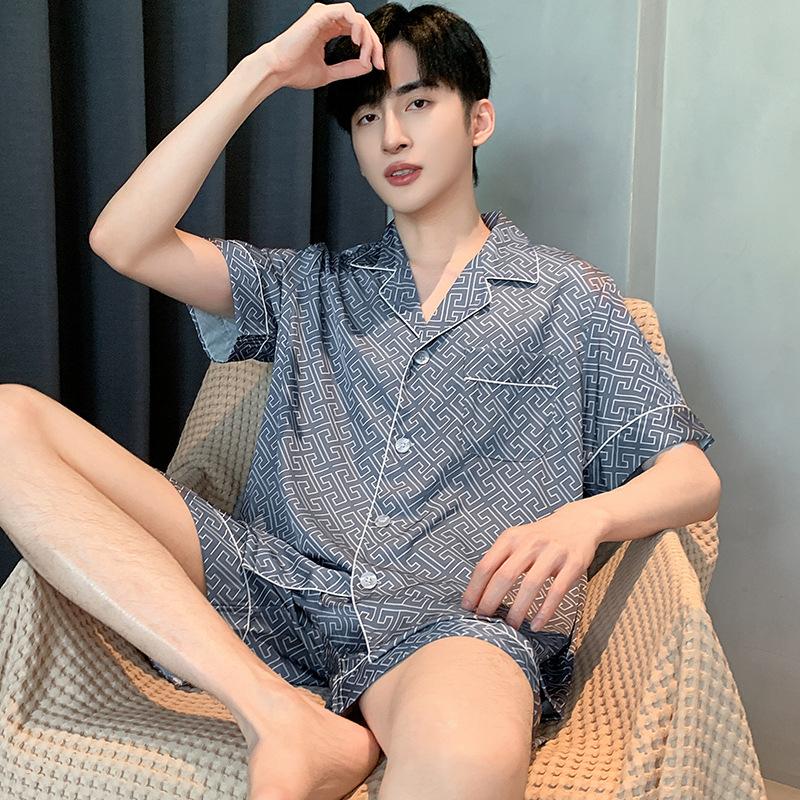 Pajamas Suit Men Summer Ice Silk Short Sleeved Long Pants Thin Male Satin Sleepwear Youth Homewear Set Gentlemen