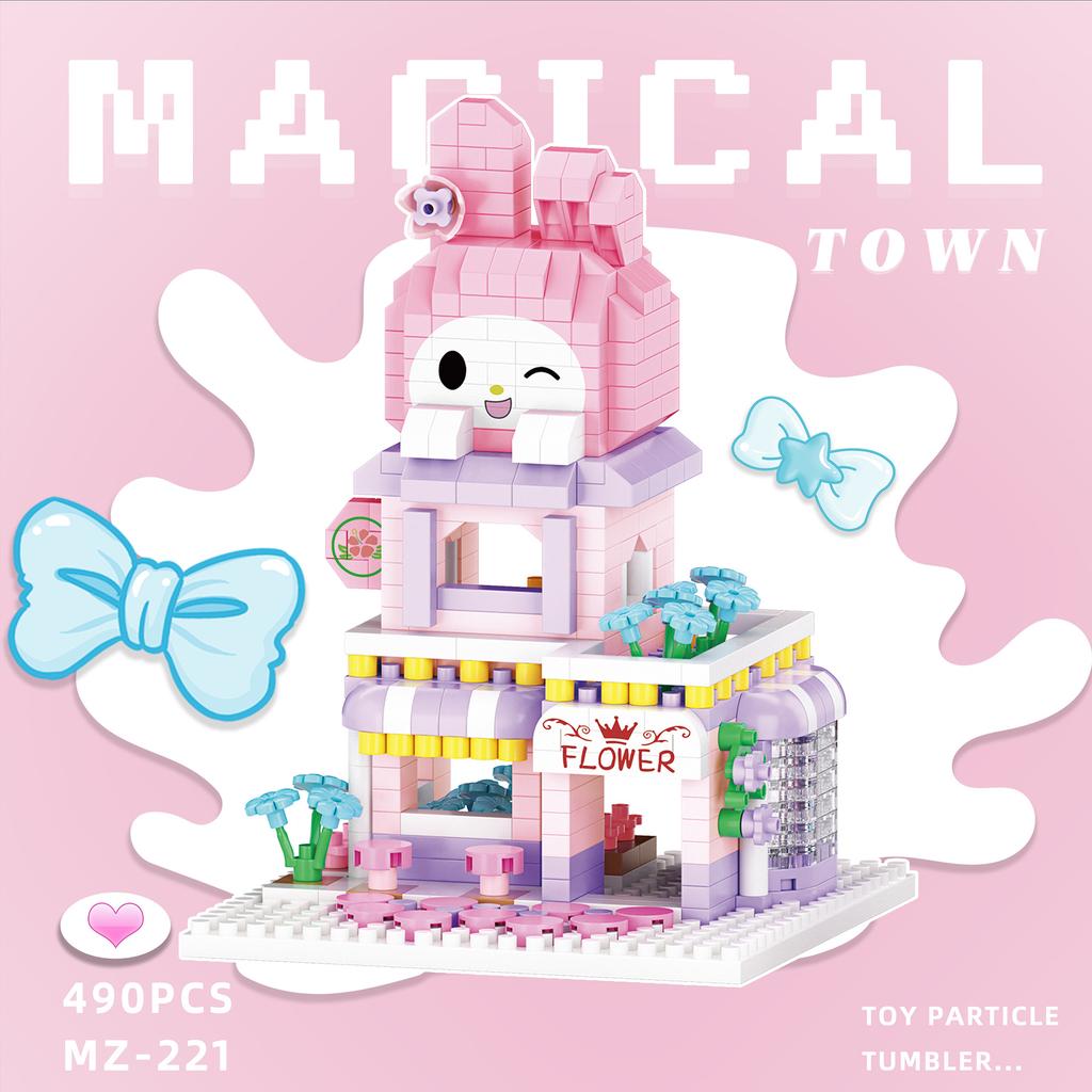Sanrio Building Blocks Disney Kuromi My Melody Strawberry Bear Pochacco Small Pellet Street Scene Jigsaw Toy Model Gift