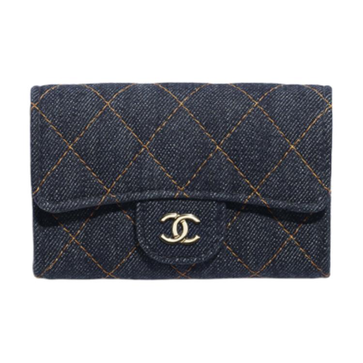 

Chanel 26P Gold Logo Double C Quilted Denim Flap Wallet Card Holder Women wallet Deep-Blue Orange AP0214-B23492-U7663 Box(Basic Set+Box)