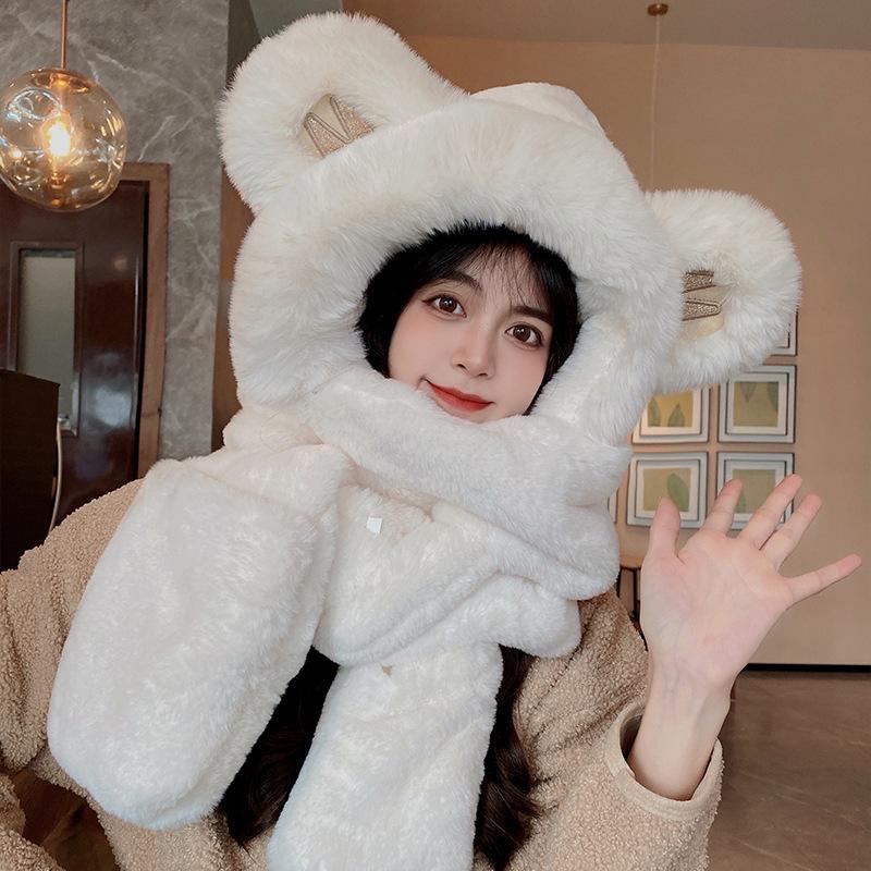 Cute Little Bear Thickened Warm Scarf Hooded Scarf Winter Gloves Three piece Hat for Women