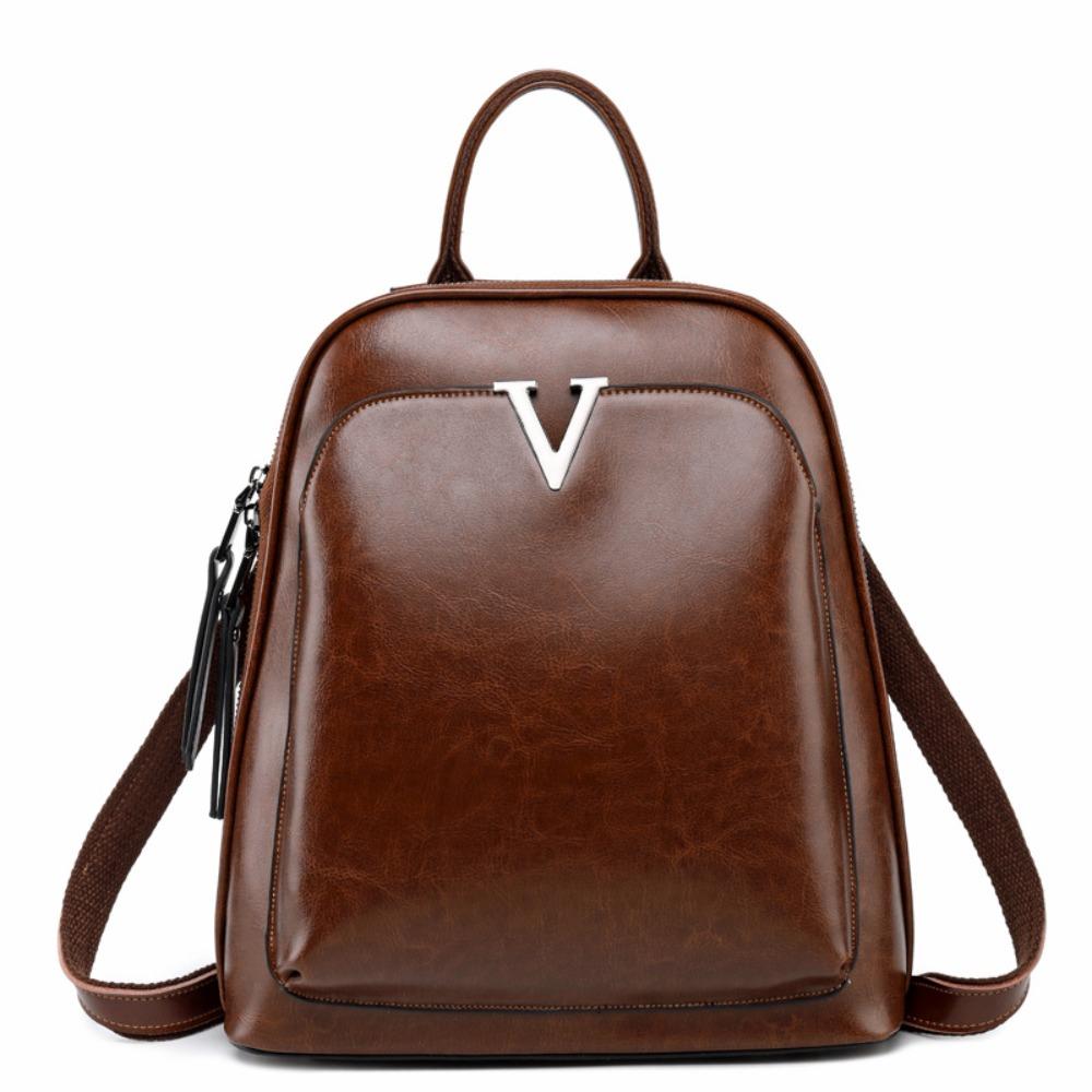 Leather Backpack Oil Wax Cowhide Backpack Women's Retro Schoolbag