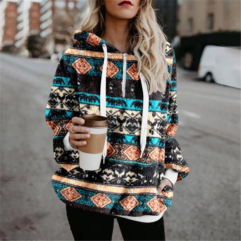 Women's Hooded Half Zip Fleece Sweatshirt Loose Fit Ethnic Geometric Print Pullover With Pockets