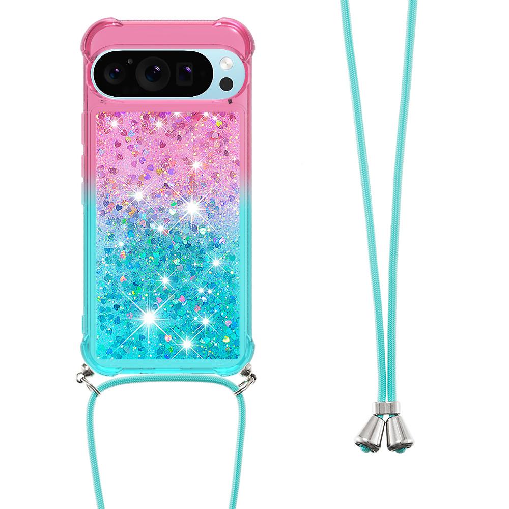 

For Google Pixel 9/Pixel 9 Pro TPU Case Gradiant Quicksand Shockproof Cover with Lanyard Pink+Sky Blue