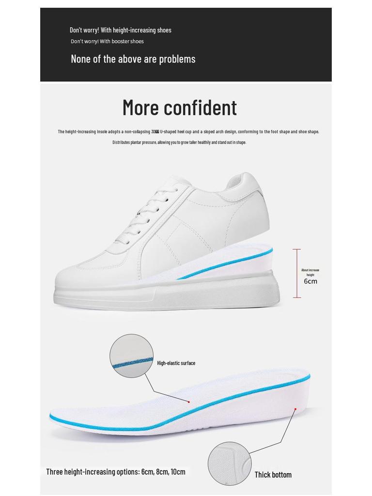 Męskie niewidoczne trampki podwyższające – podeszwa o grubości 8 cm, białe, codzienne buty do jazdy na deskorolce, okrągły nosek