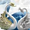 2Pcs Swan Cake Decoration Plastic Sculpture Golden Crown Swan Desktop Ornament Creative Car Decoration for Party Cake