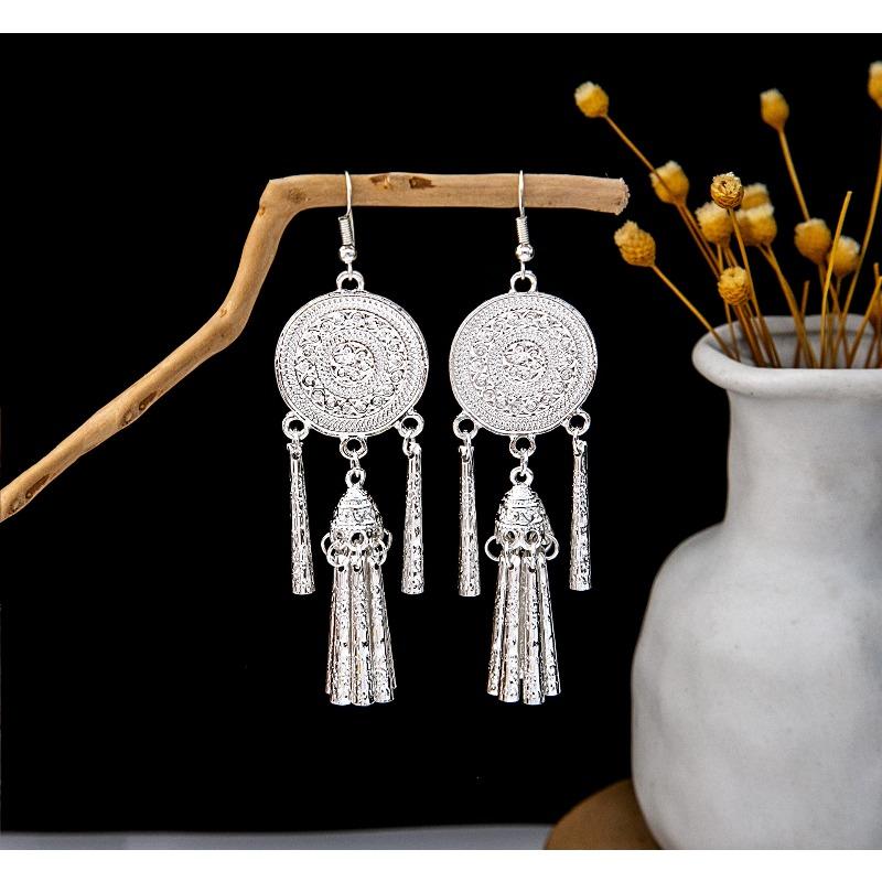 Miao geometric bells, fringed earrings, minority earrings, bohemian long leaf earrings