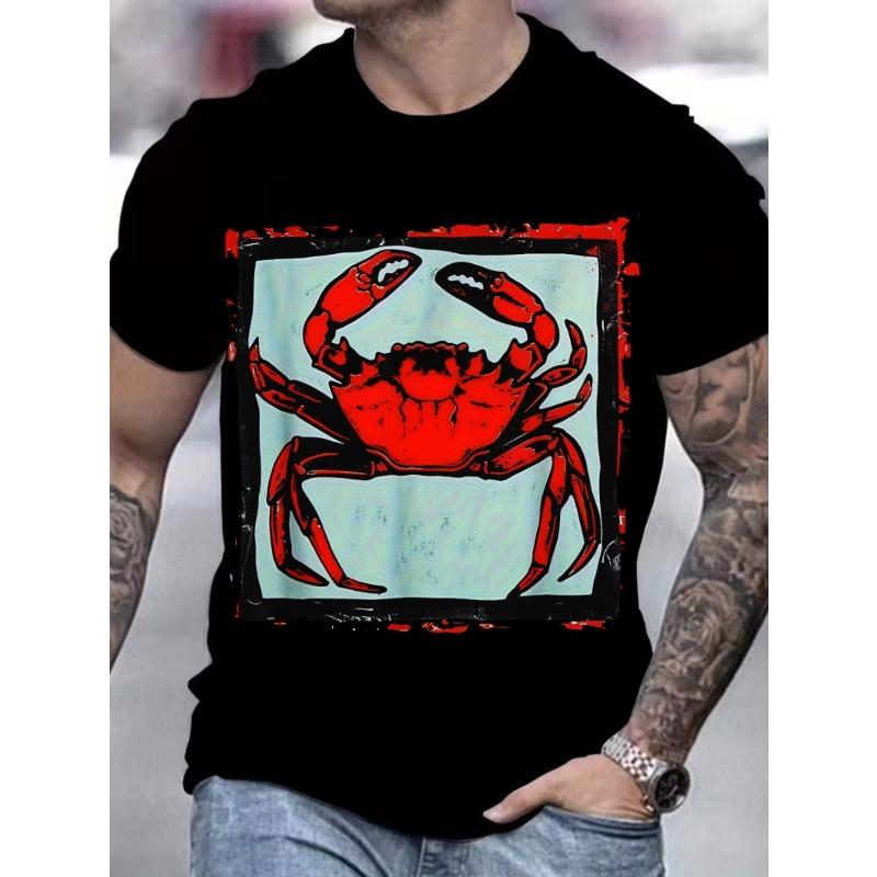 European Size Sports Short Sleeve Printed Cotton T-shirt Red Crab On Light Blue Background with Black Frame And Red Border Suitable for Daily Wear