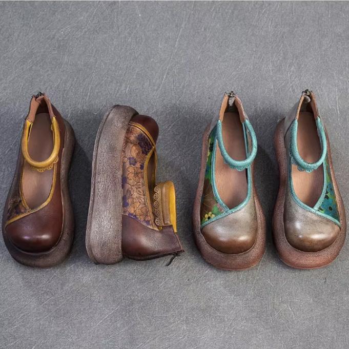 Johnature Thick Soled Height Increasing Shoes Genuine Leather Printed Retro Women's Flat Platform Shoes