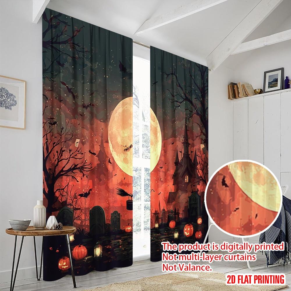 2pcs,2D Plane Printing Curtain Popular Halloween Witch Flying On Broomstick3 Polyester Woven (without Rod) Decorations Outdoor
