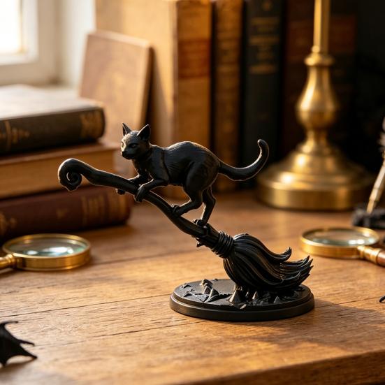 Durable Pla Craft Black Cat On Witch Broom Figurine, 3D Printed Broomstick Statue, Halloween Table Decoration Tabletop Ornament for Tiered Tray, Desk,