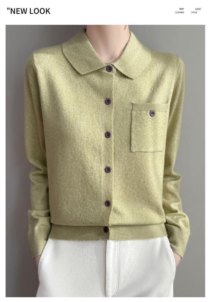 Women's Autumn Lapel Pocket Wool Cardigan – Long Sleeve Solid Color Knit Outerwear